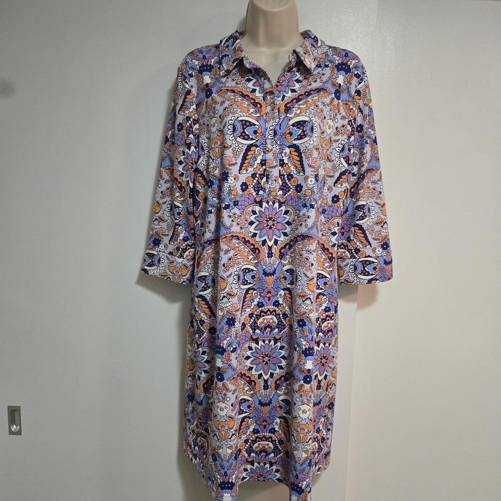 Talbots Petite Size PL Blue Paisley Boho Cooling Stretch Knit Shift Dress NEW